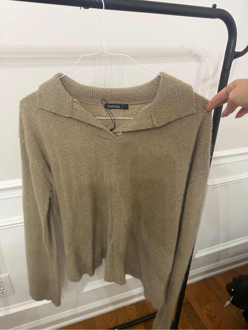 Boohoo Taupe Hooded Knit Sweater